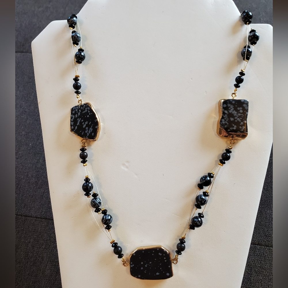 Snowflake Obsidian and Gold Necklace and Bracelet Set